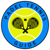 Padel Tennis Guide logo with padel rackets and ball on a large padel ball with a blue surround and black edging